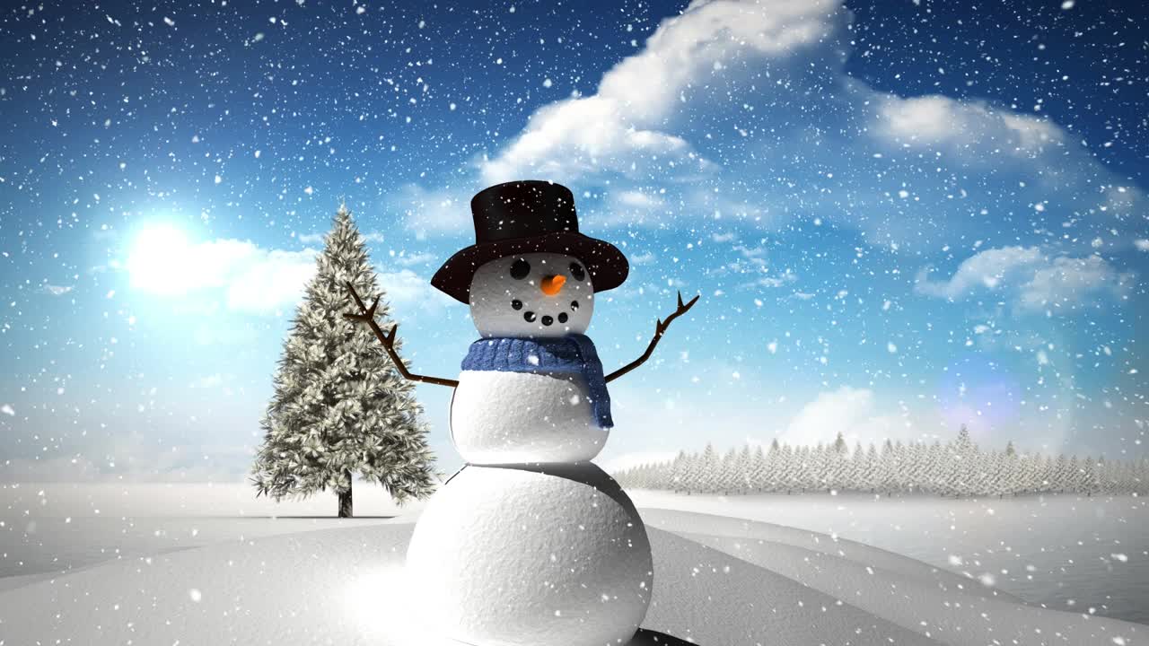 雪落在雪人和圣诞树上的冬季景观在天空的云视频素材