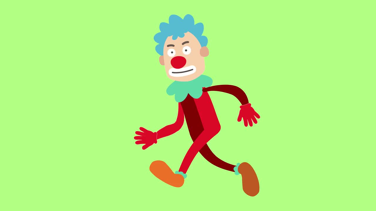 小丑动画概念，卡通小丑人跑步，循环，绿色背景孤立视频下载