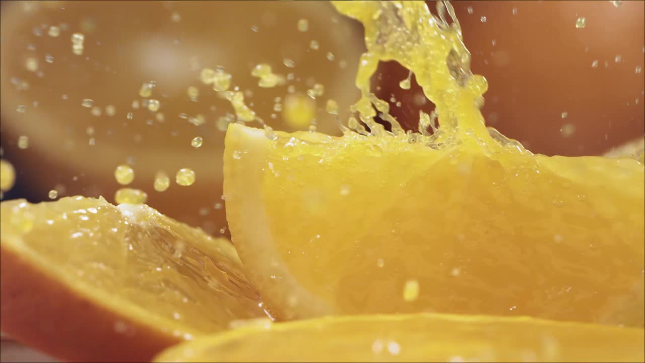 橙汁溅过橙片的慢动作镜头，每秒1400帧。视频下载