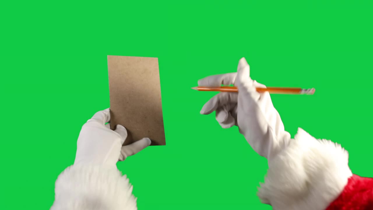 圣诞老人双手检查清单与铅笔在绿色背景视频下载
