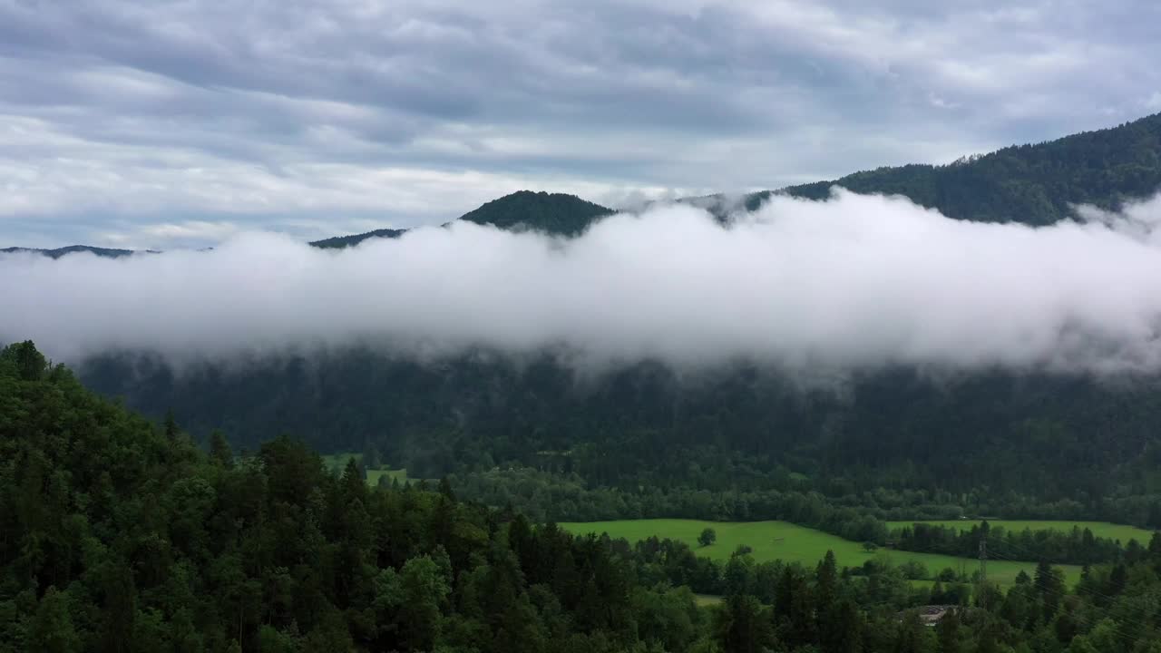 空中前进的美丽镜头，云在绿树之上，无人机飞过森林-流血，斯洛文尼亚视频下载