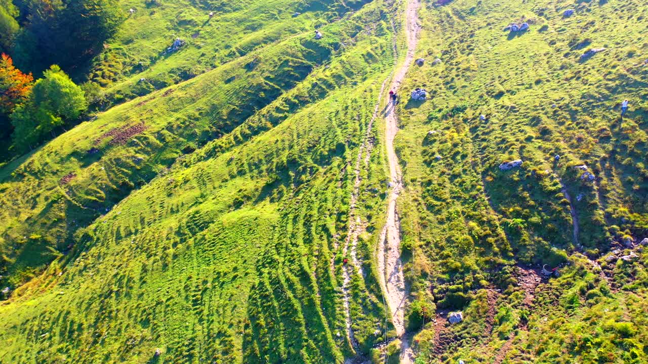 在一个阳光明媚的日子，无人机拍摄了树木繁茂的山丘和山脉视频素材