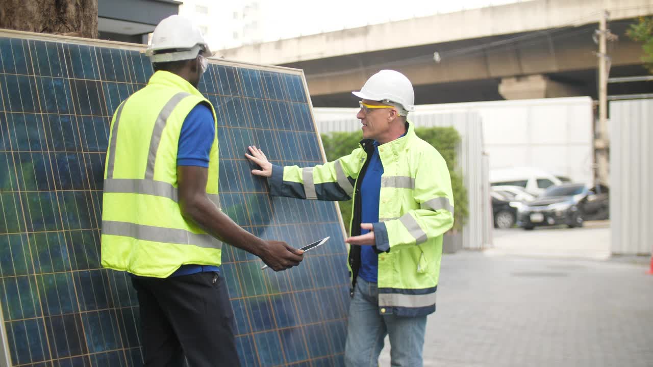 技术人员对太阳能电池板进行讨论和检查视频下载