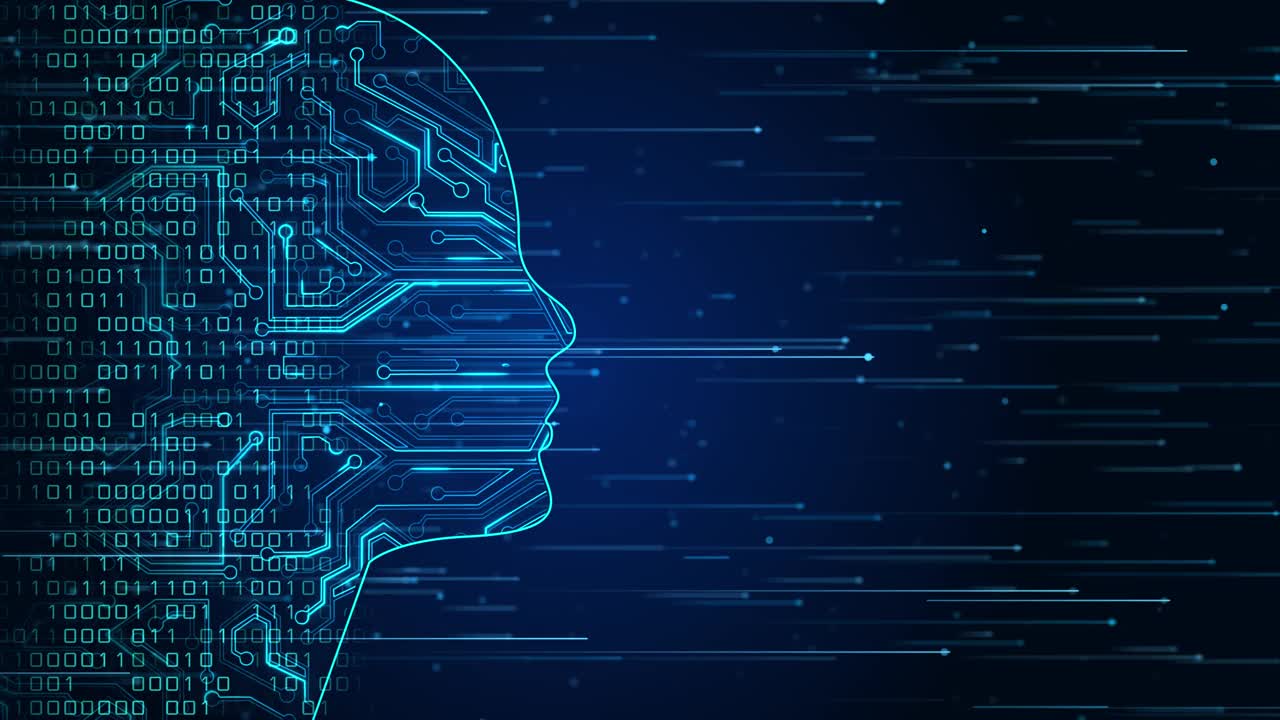 未来的人工智能技术机器学习，脸轮廓电路板和二进制数据流的蓝色环路背景。视频素材