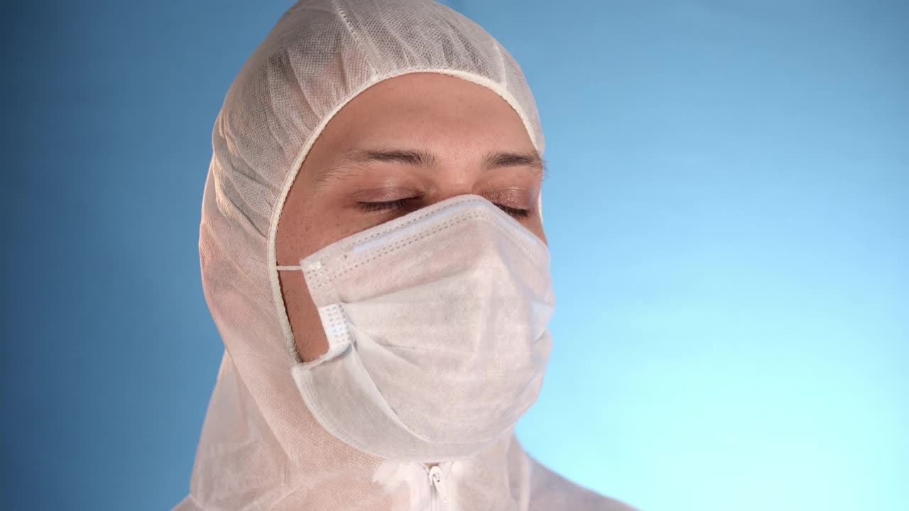 实验室技术员穿着工作服，戴着口罩，手套，感染了病毒，咳血视频下载