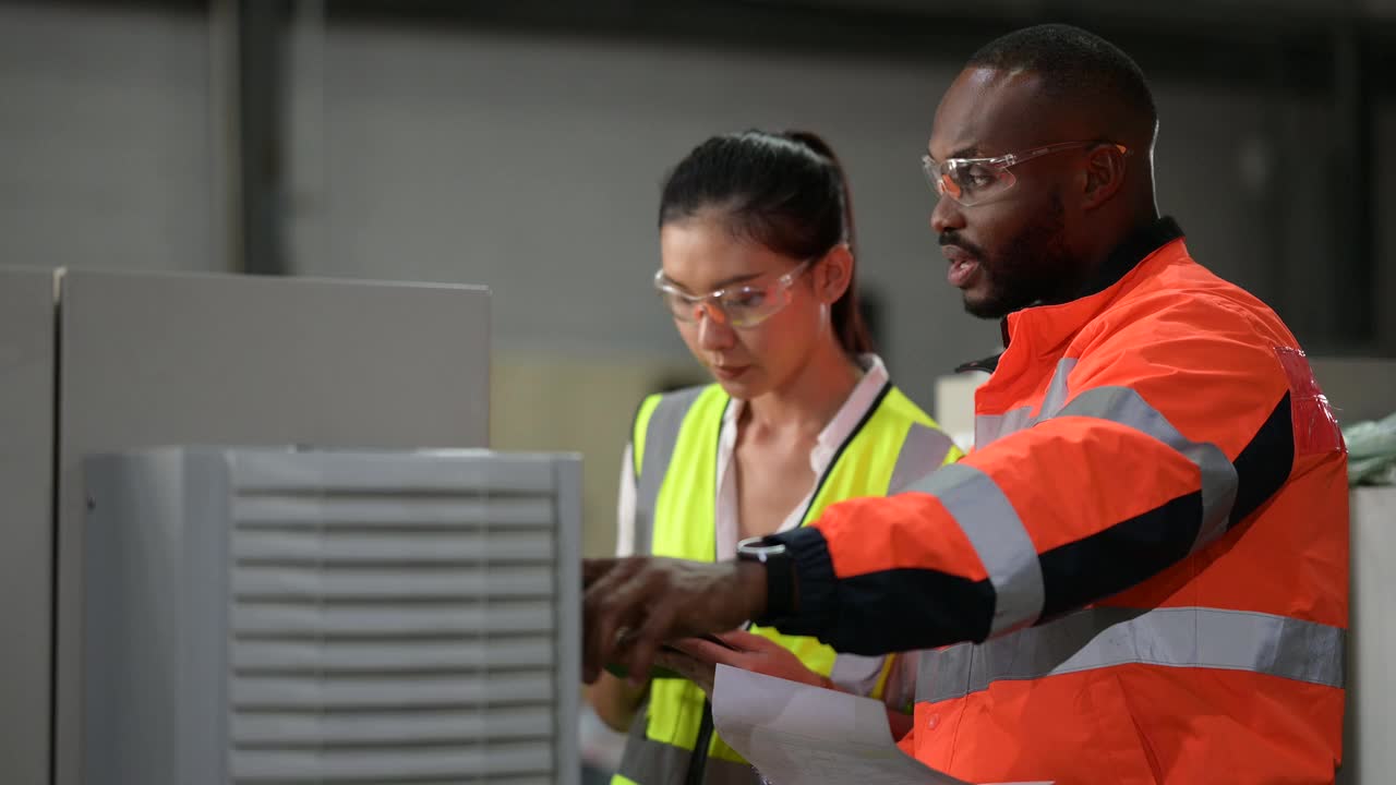 改善电子元件制造业的工作条件和生产率。非洲高级电气工程师正在向亚洲初级女电气工程师解释工作标准，以提高工作技能。视频下载