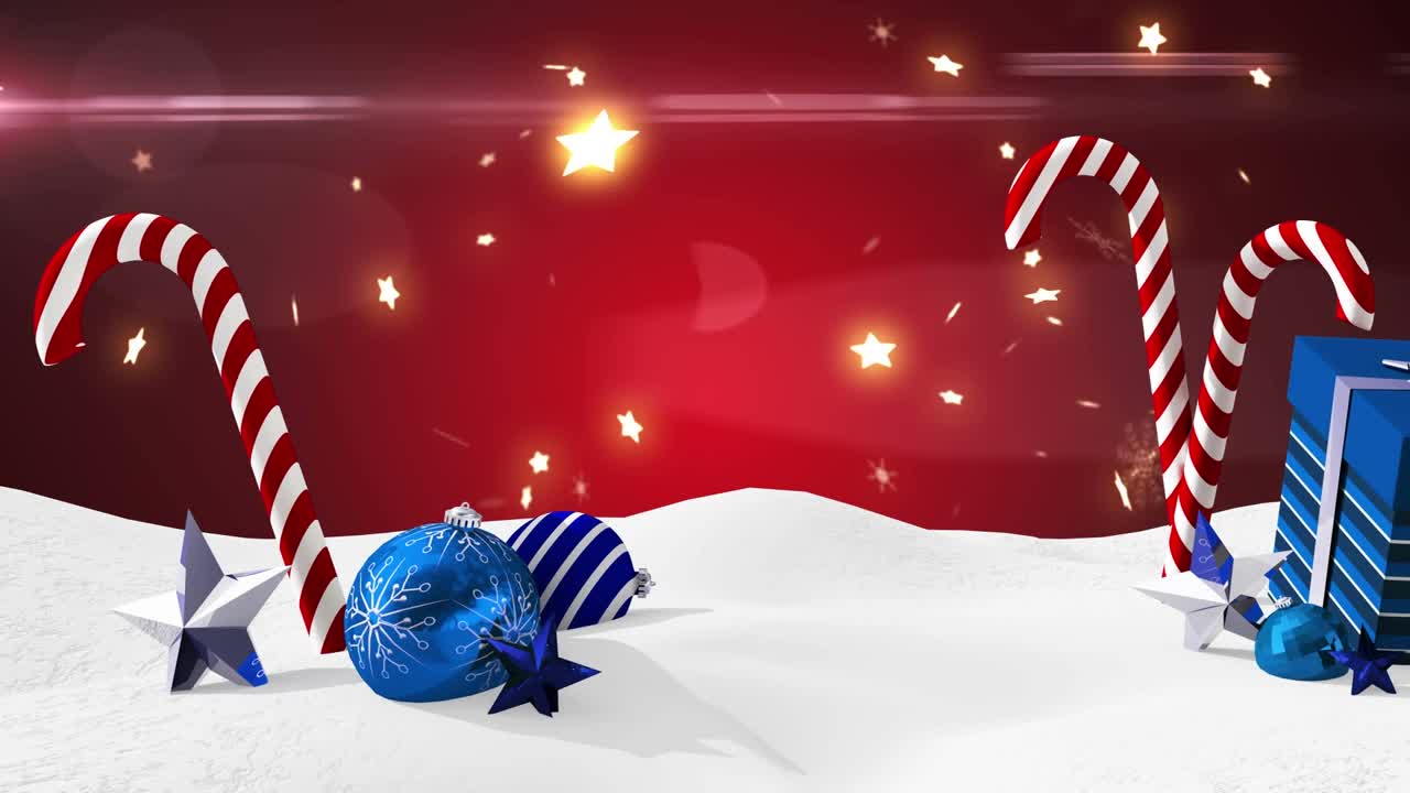 动画的雪落在圣诞节糖果和礼物的红色背景视频素材