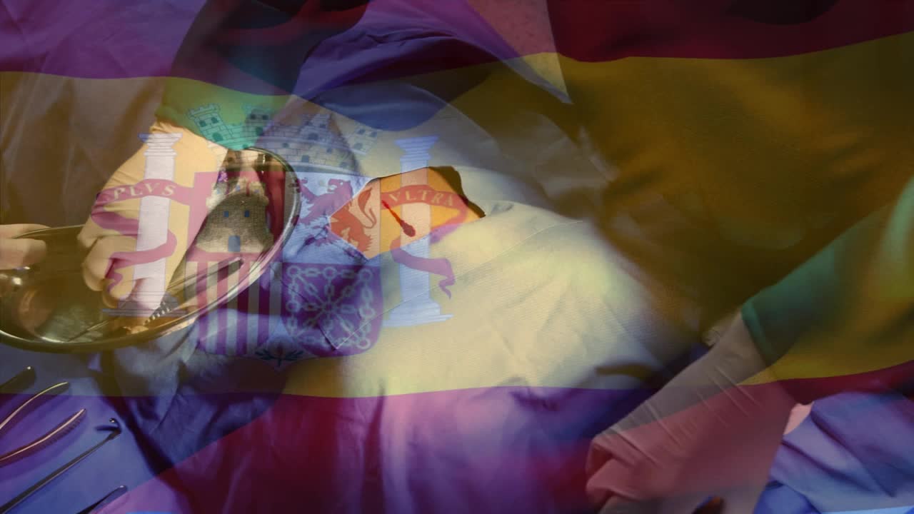 西班牙国旗在手术室外科医生之上的动画视频下载