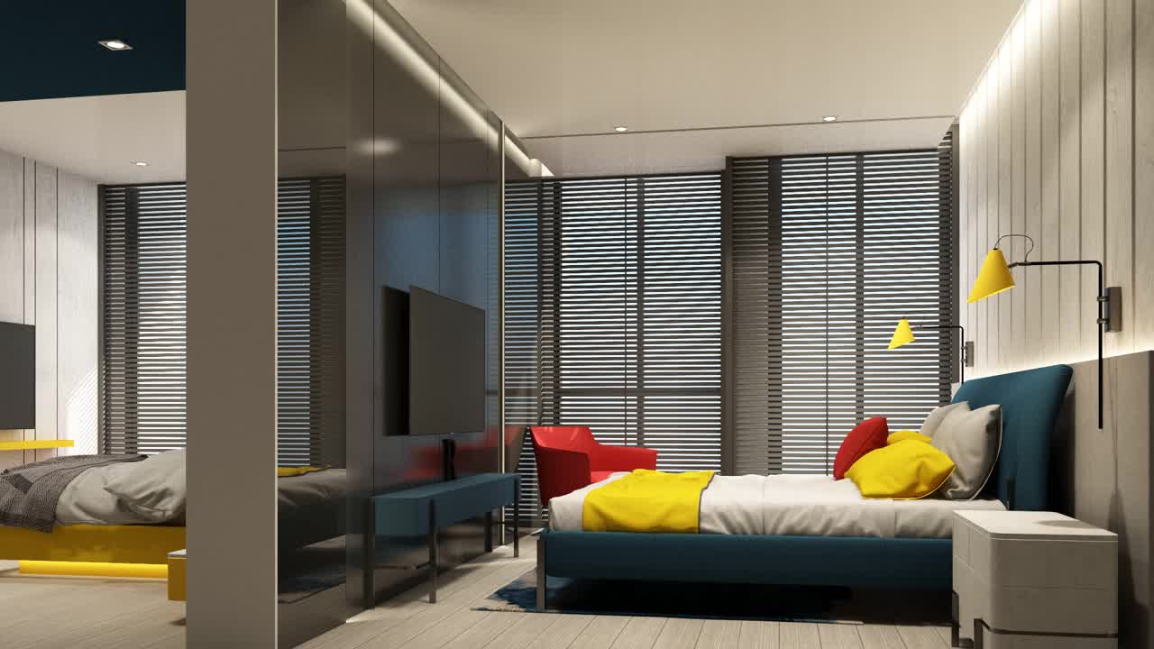 丰富多彩的客厅、餐厅和卧室室内设计，红、蓝、黄、灰色调特色墙，木地板家具，天花板和大窗户上的木百叶窗3d渲染动画视频下载