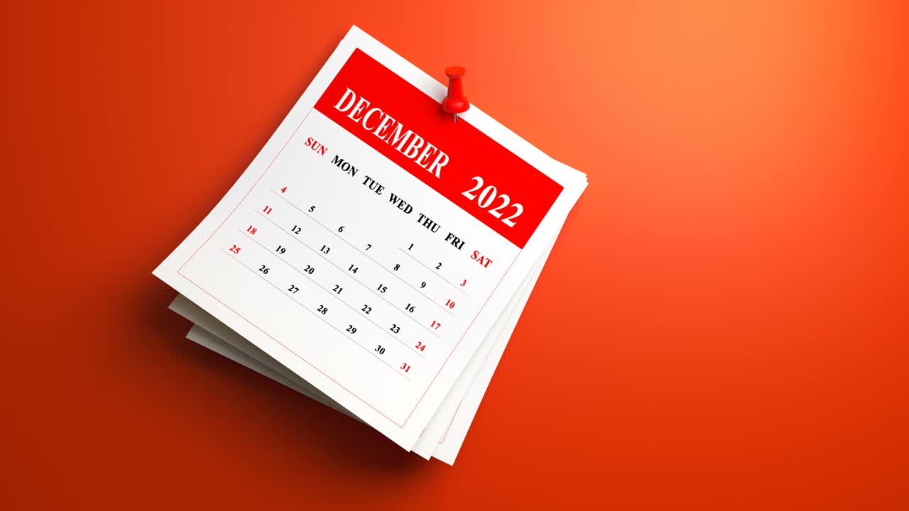 2022年12月日历，红色背景。循环视频视频素材