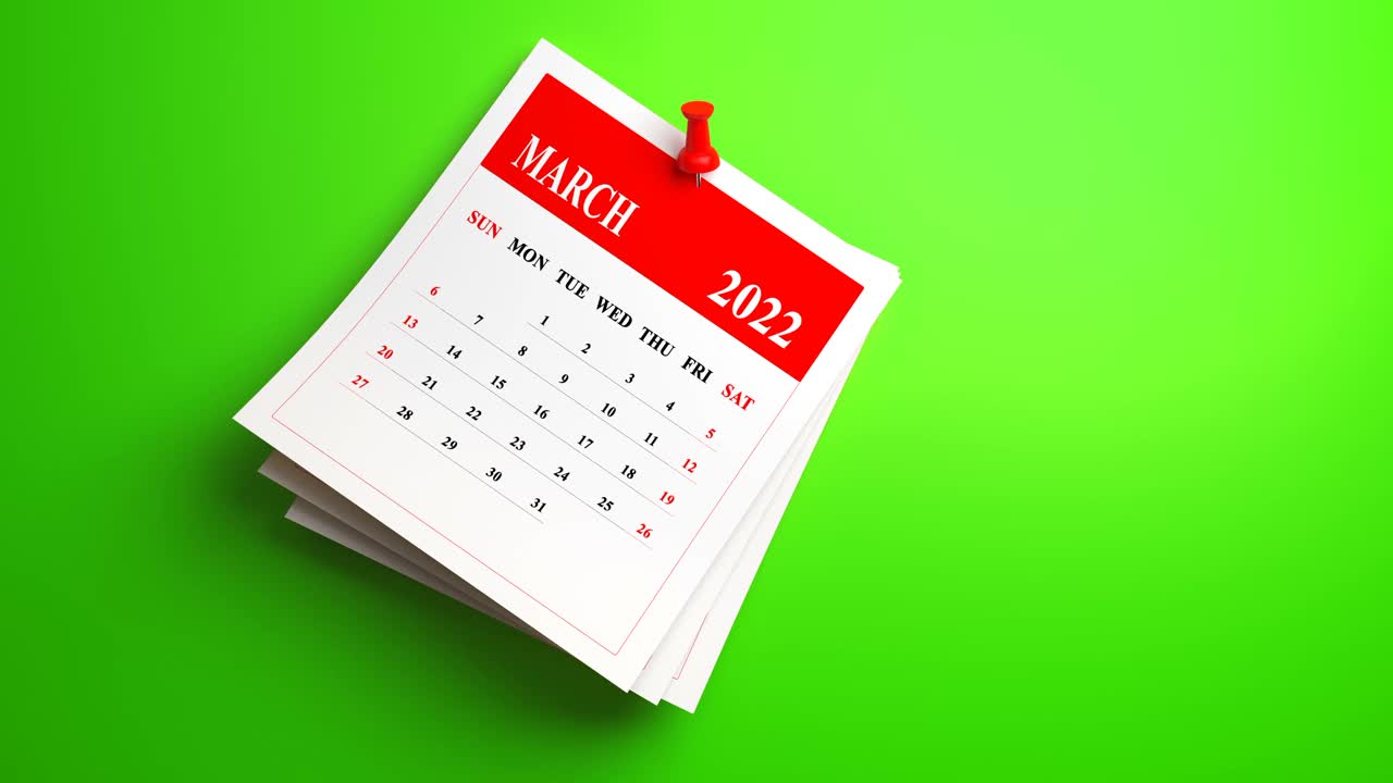 在绿色背景上摇摆的2022年三月日历。循环视频视频素材