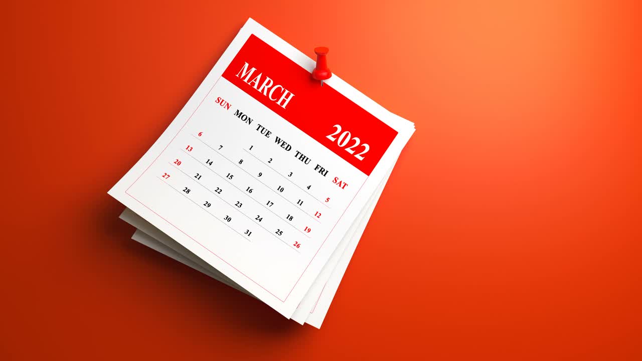 2022年摇摆三月日历，红色背景。循环视频视频素材