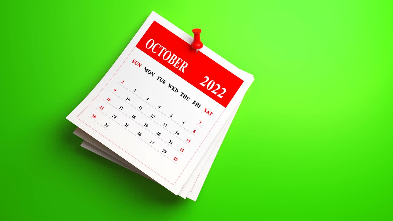 在绿色背景上摇摆的2022年十月日历。循环视频视频素材