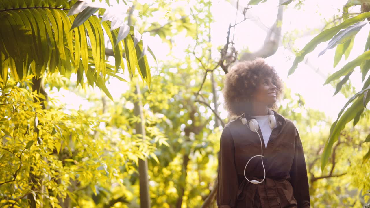 年轻女子探索阳光明媚的植物园视频素材