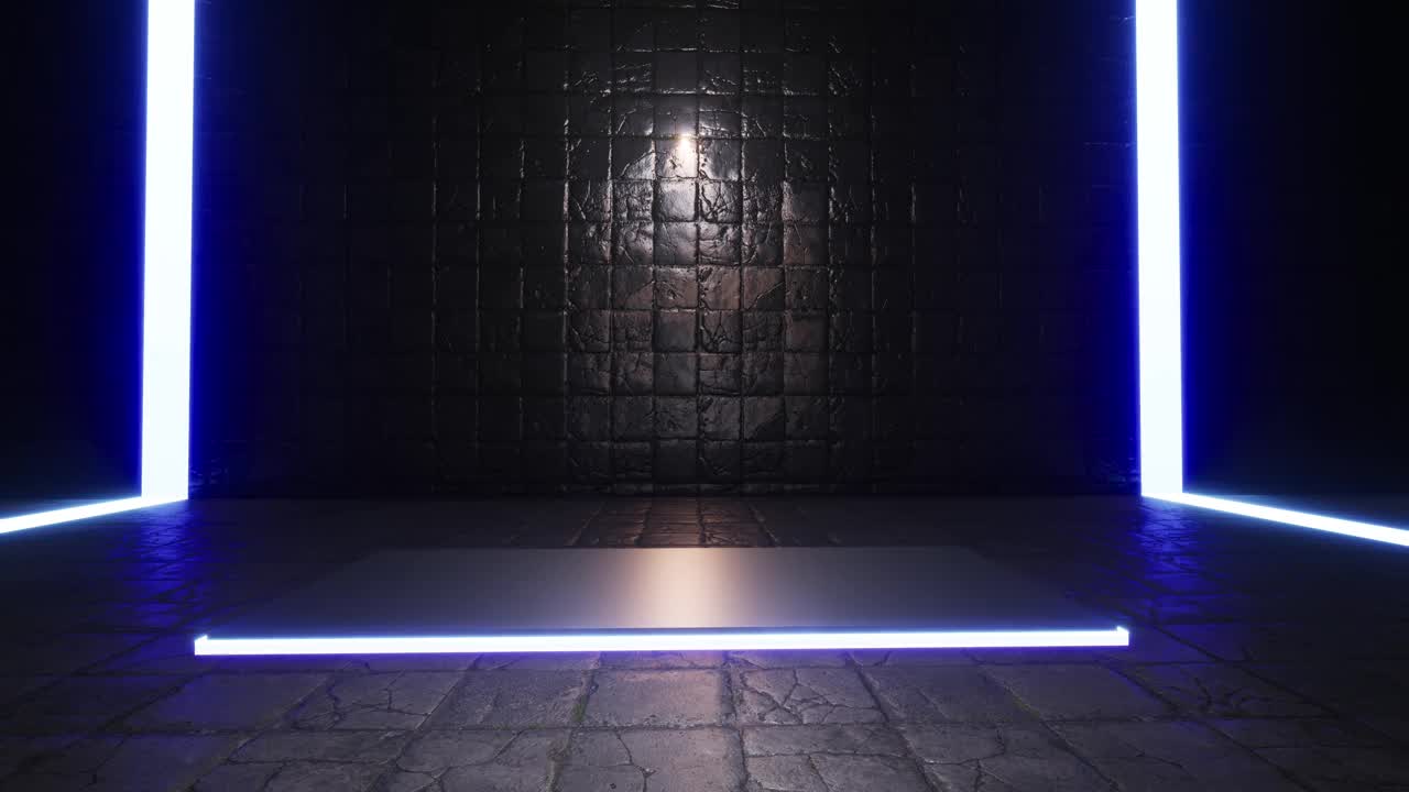 产品展示聚光灯背景与彩色霓虹灯的背景在闪亮的金属地板上。3 d动画视频素材