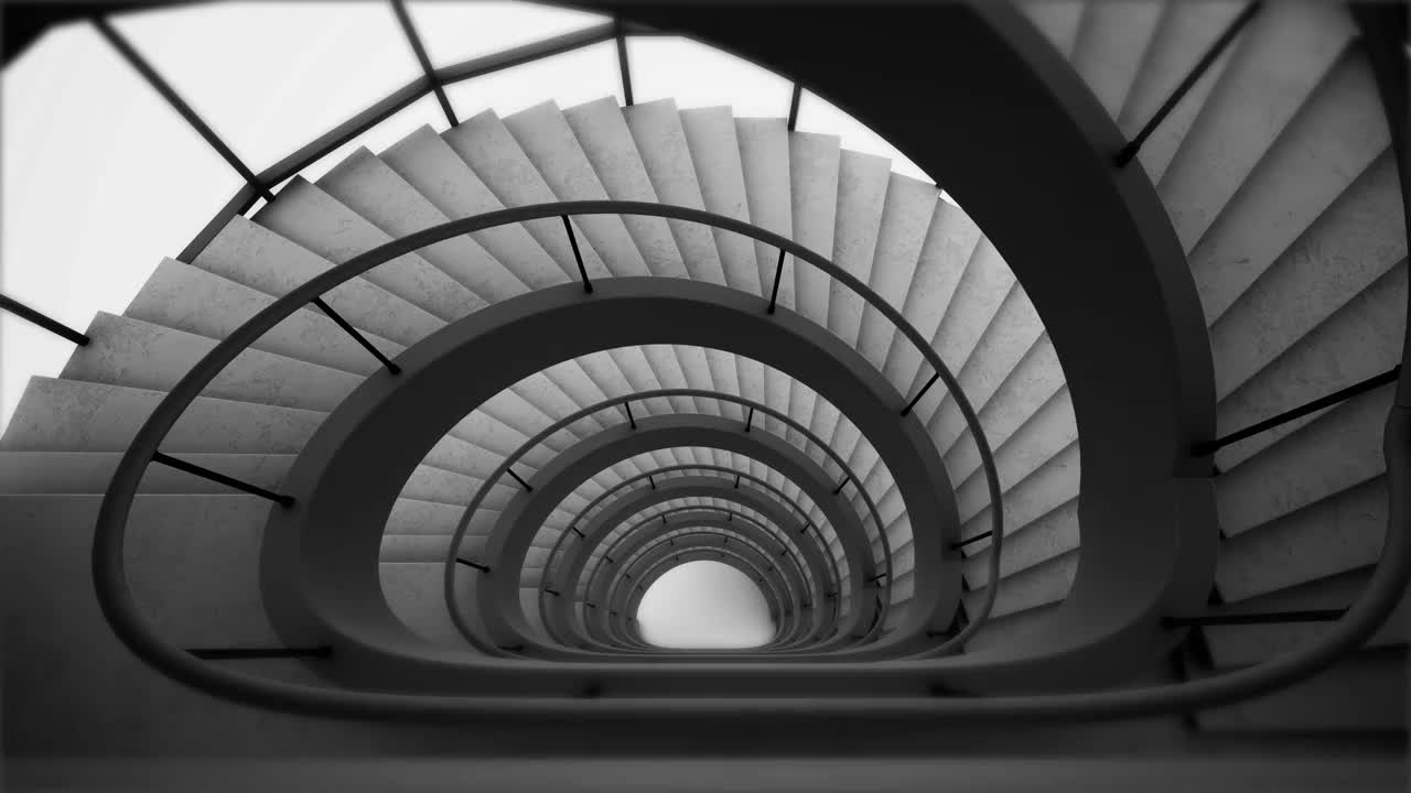 住宅楼狭窄的螺旋楼梯。白色光滑的螺旋楼梯。单色抽象动画，3d渲染视频下载