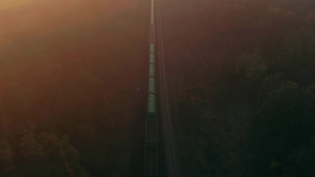 日出时分，一列货运火车在雾蒙蒙的森林中行驶。鸟瞰图。视频下载
