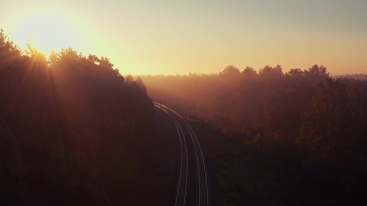 日出时铁路在雾蒙蒙的森林里行驶。鸟瞰图。视频下载