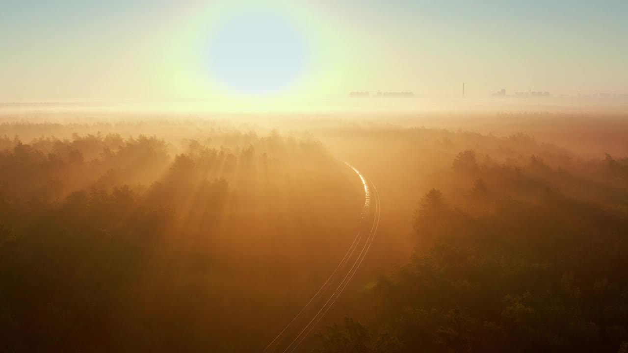 日出时分，一列货运火车在雾蒙蒙的森林中行驶。鸟瞰图。视频下载