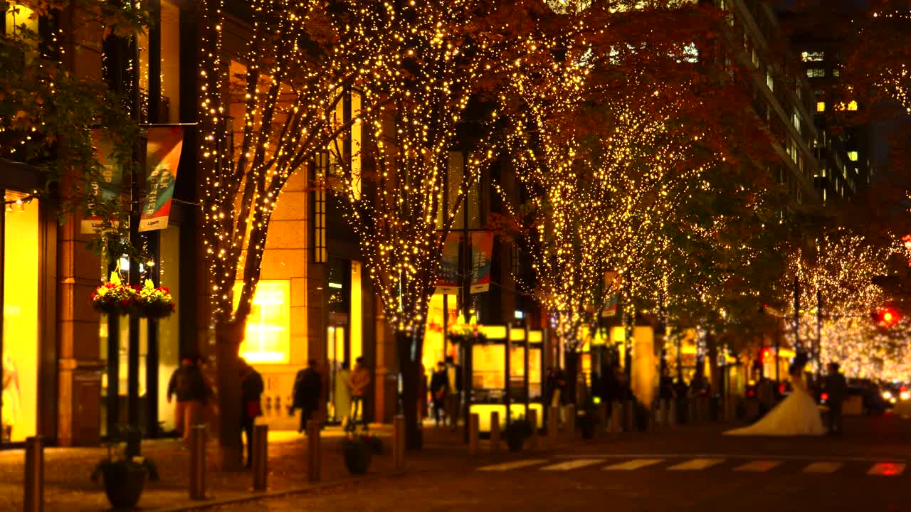东京丸之内的圣诞彩灯和人群。视频下载