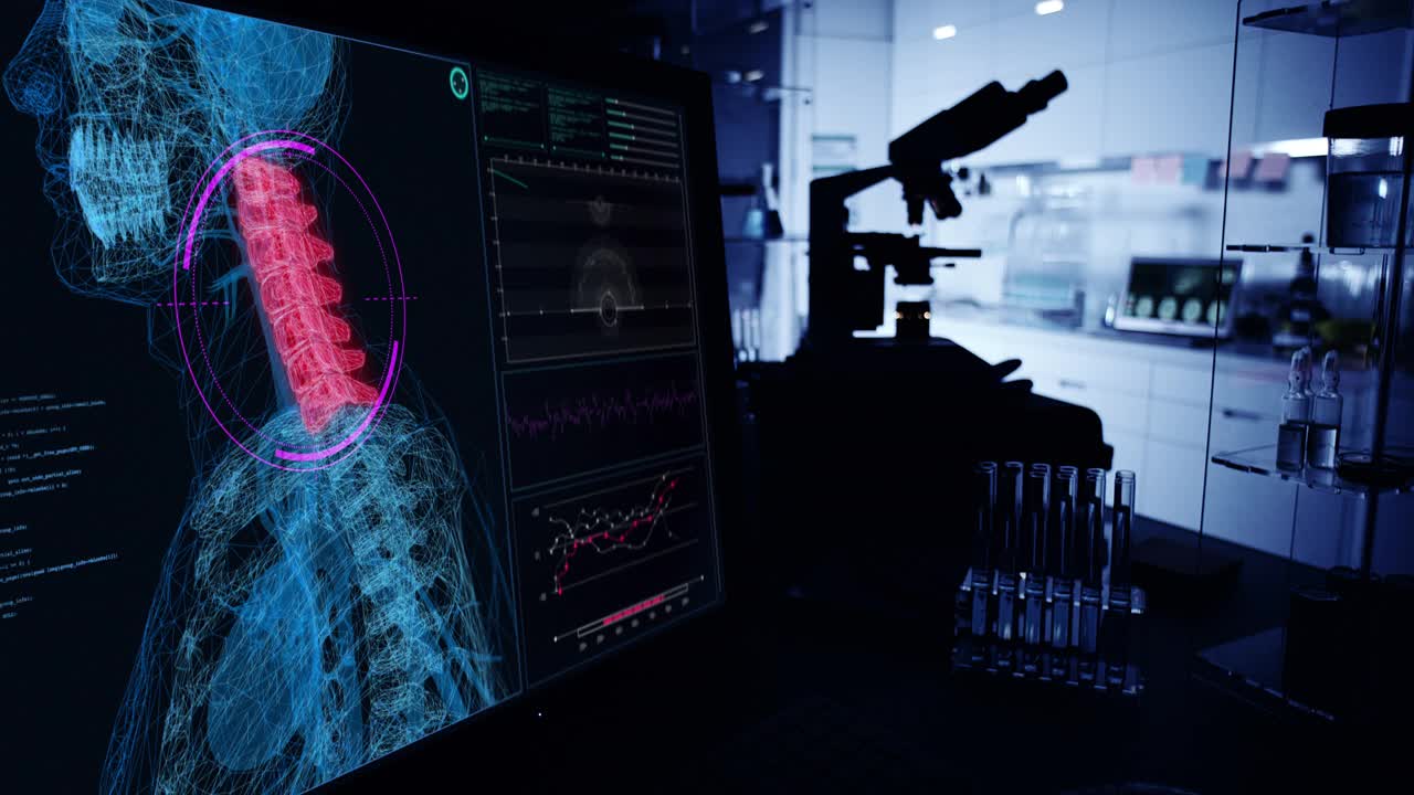 现代实验室。屏幕与动画人体模型。扫描虚拟病人的损伤。颈部脊柱有红色斑纹。近距离视频下载