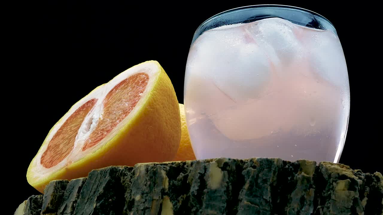 酒精鸡尾酒加吸管和水果，葡萄柚汁和一片葡萄柚放在黑色背景的木桌上。在玻璃杯里加冰的夏季饮料视频素材