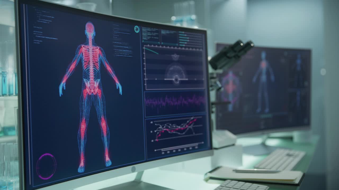 空的实验室，有电脑和显微镜。带有动画人体模型的屏幕。扫描虚拟病人的损伤。关节和躯干有红色标记视频下载