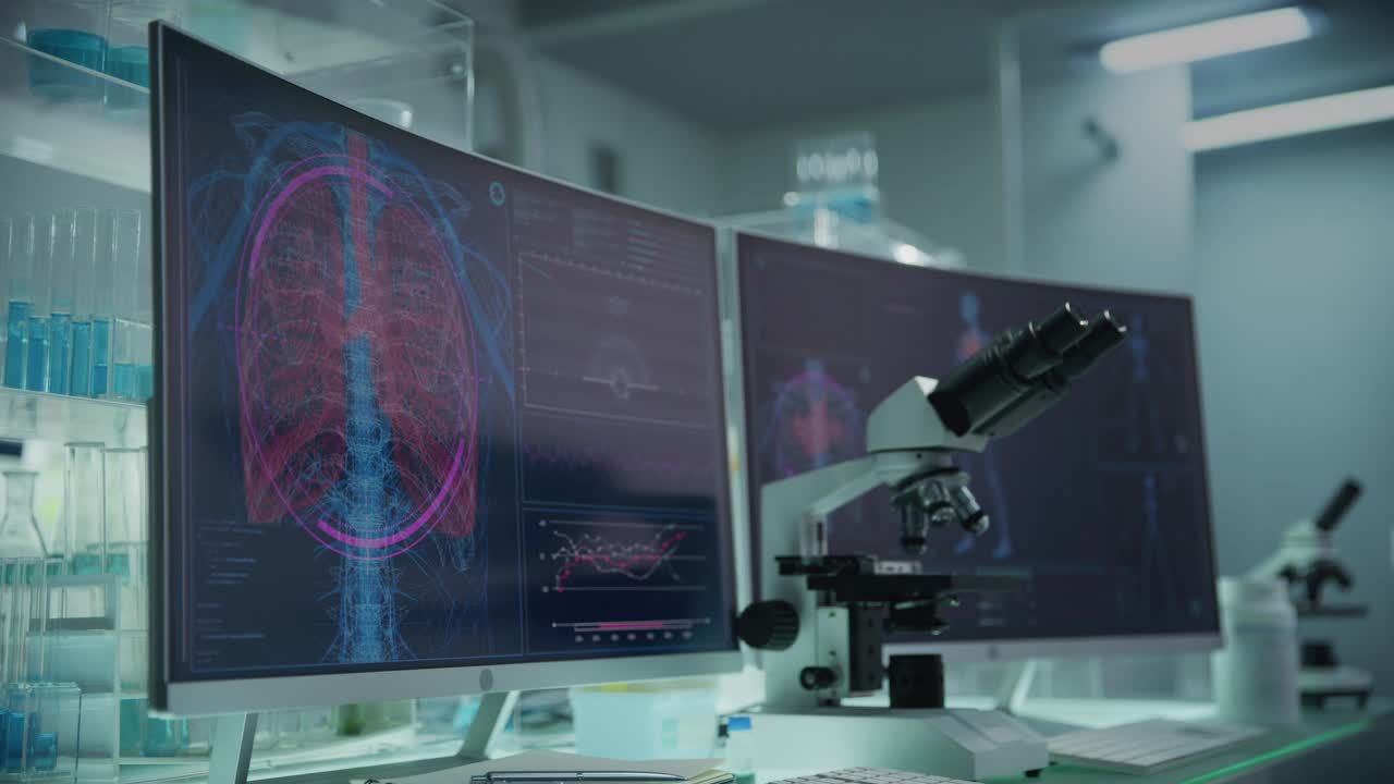 有电脑和显微镜的现代化实验室。带有动画人体模型的屏幕。扫描虚拟病人的损伤。肺部和胸部有红色标记视频素材