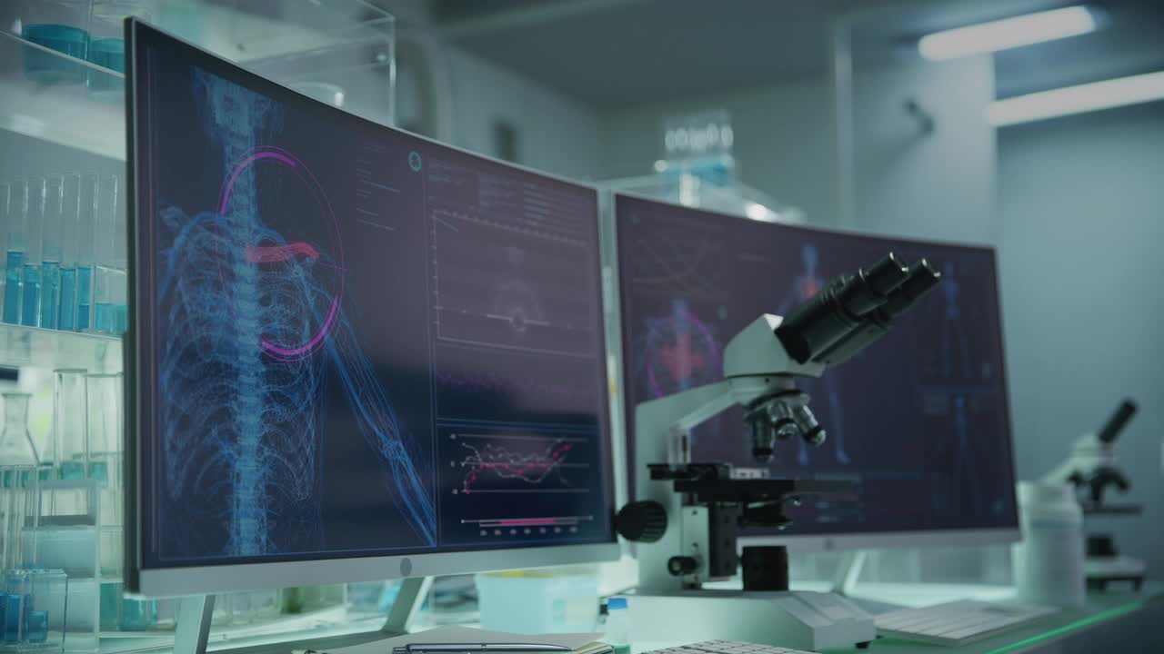 有电脑和显微镜的现代化实验室。带有动画人体模型的屏幕。扫描虚拟病人的损伤。肩膀上有红色标记视频下载