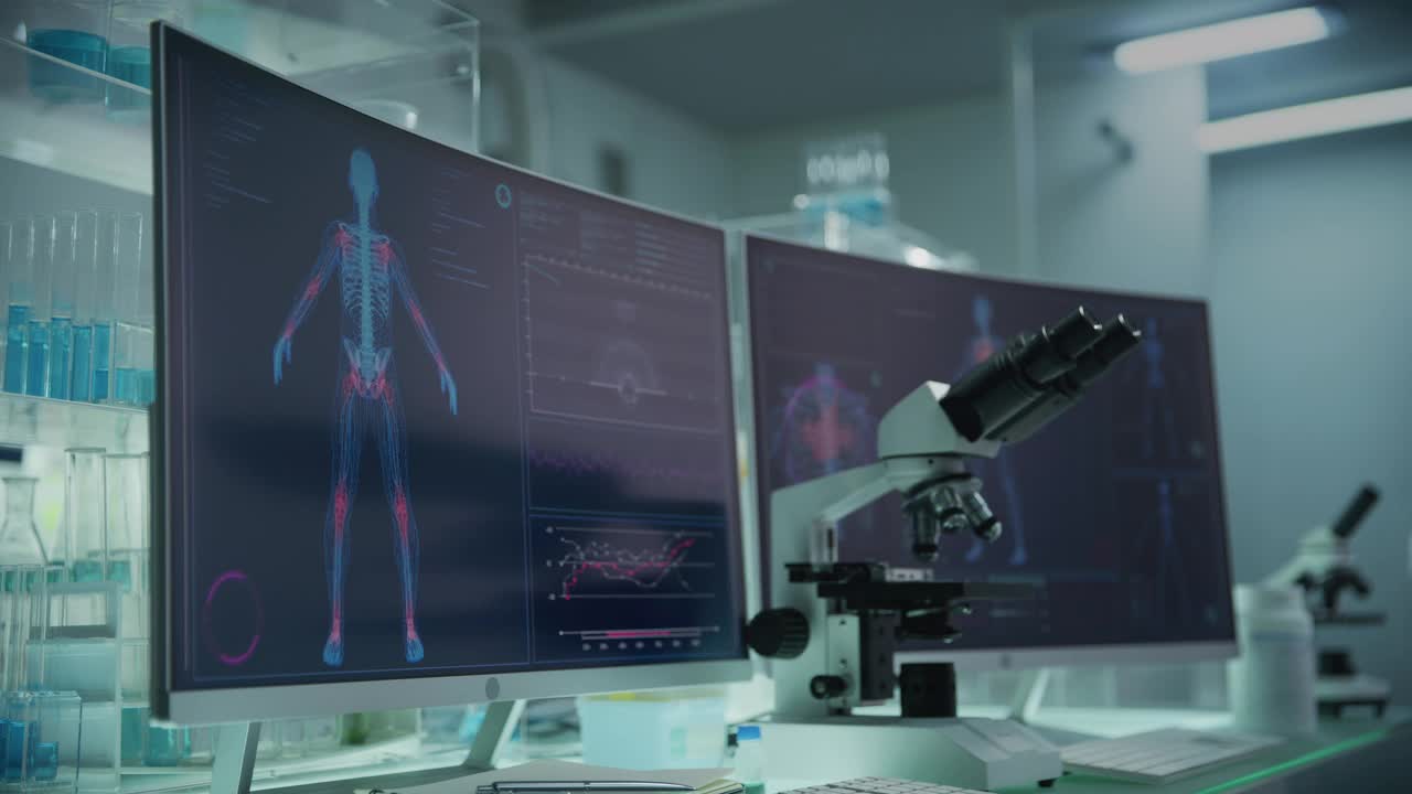 有电脑和显微镜的现代化实验室。带有动画人体模型的屏幕。扫描虚拟病人的损伤。关节处有红色标记视频下载