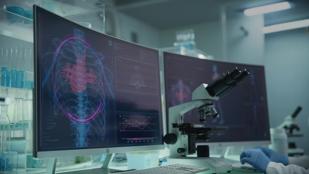 实验室配备电脑和显微镜。带有动画人体模型的屏幕。科学家扫描虚拟病人的损伤。心脏和有红色标记的静脉。近距离接触视频素材