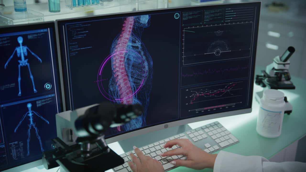 实验室配备电脑和显微镜。带有动画人体模型的屏幕。科学家扫描虚拟病人的损伤。有红色斑纹的脊椎。近距离接触视频素材