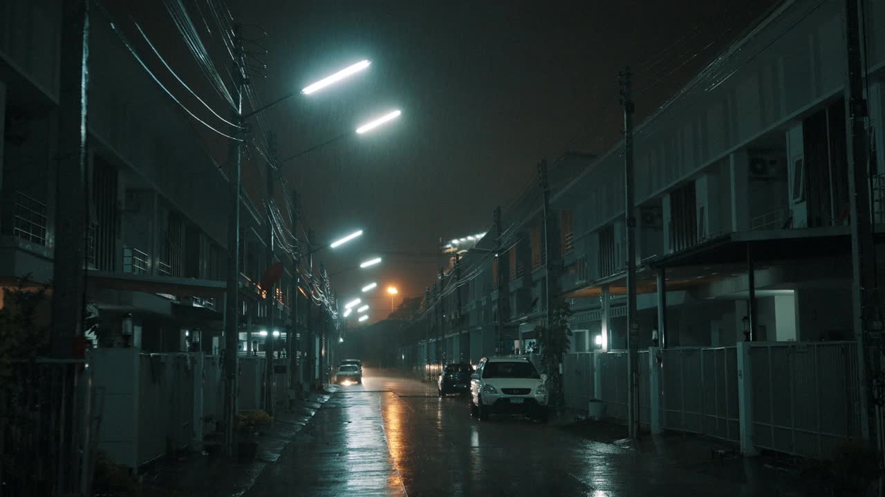 选择聚焦灯泡在大雨下到屋顶的夜晚时间视频下载