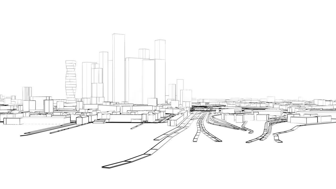 三维城市虚拟之旅。建筑物之间的飞行视频下载