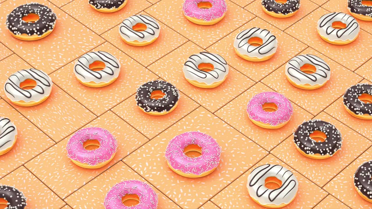 粉色釉面甜甜甜圈，巧克力和白色糖霜甜甜圈，美味不健康的甜点动画背景，3d渲染抽象艺术，甜甜圈国庆，美食平面设计视频下载