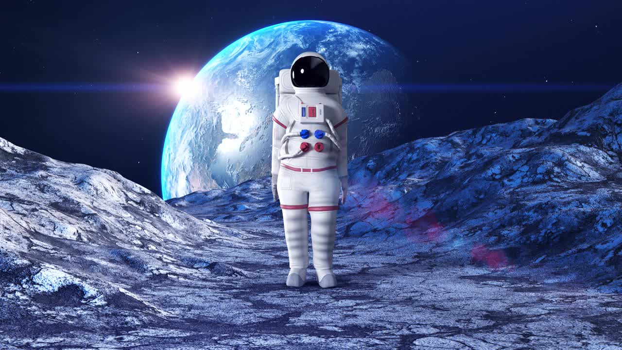 一个困惑的宇航员四处张望。背景地球。视频素材