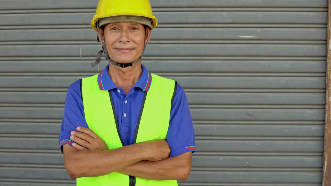 亚洲资深男工人微笑着双臂交叉看着摄像机，自信劳动快乐地在工地上工作，事业有成视频下载