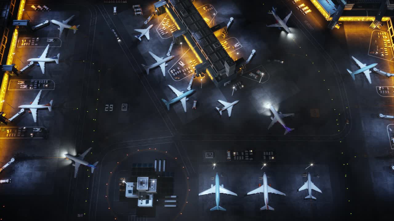 3D商业机场鸟瞰图与飞机，客运码头，跑道和服务机械渲染。自顶向下平移视图现代视觉特效飞机在夜间移动国际港口。视频下载