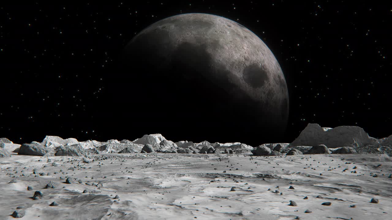 从月球表面看到的太空行星。月球表面布满了小岩石和沙子。飞越月球环形山。概念空间抽象背景。视频素材