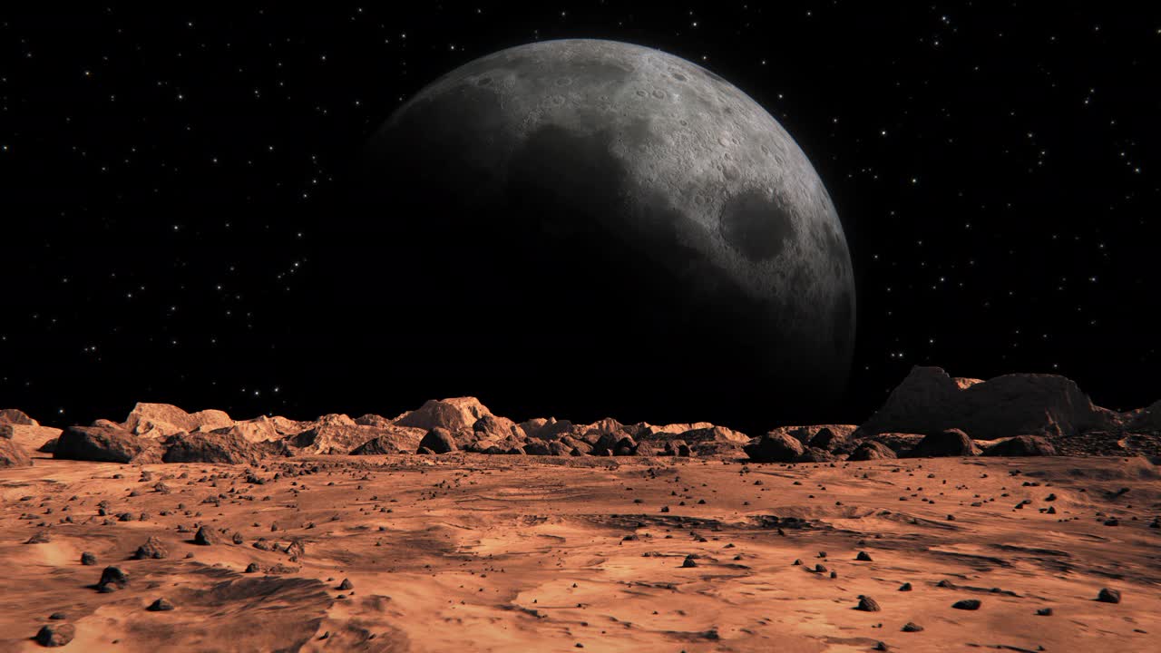 从火星表面看到的月球。火星表面布满了小岩石和红色的沙子。火星景观在锈橙色阴影，火星行星表面，沙漠，悬崖，沙子。红色的火星。概念空间抽象背景。视频素材