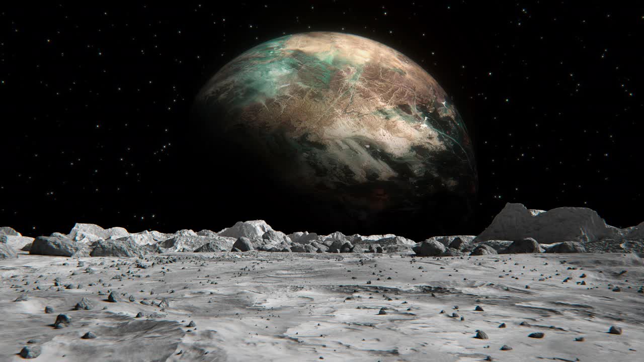 从月球表面看到的太空行星。月球表面布满了小岩石和沙子。飞越月球环形山。概念空间抽象背景。视频素材