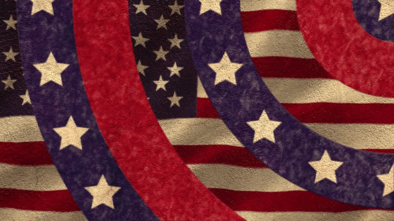 数字动画的五彩纸屑落在星星上旋转的圆圈反对挥舞的美国国旗视频素材