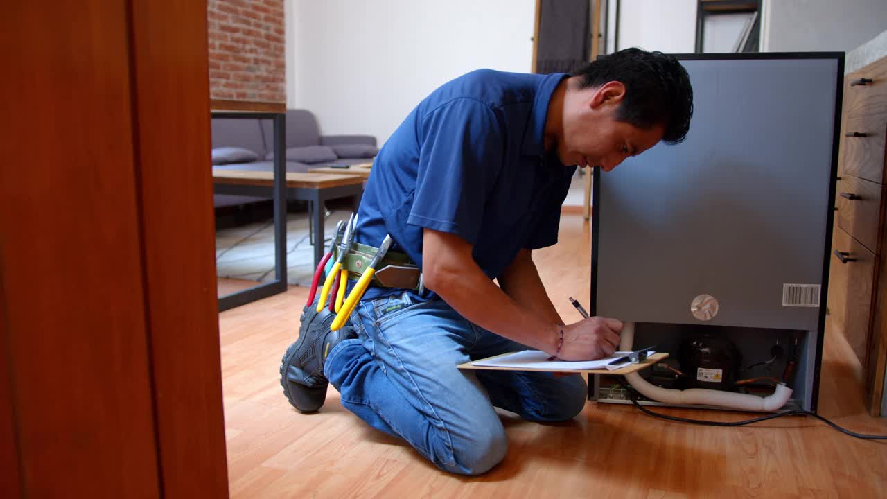 拉丁美洲的水管工在家里安装洗碗机并在剪贴板上写报告视频素材