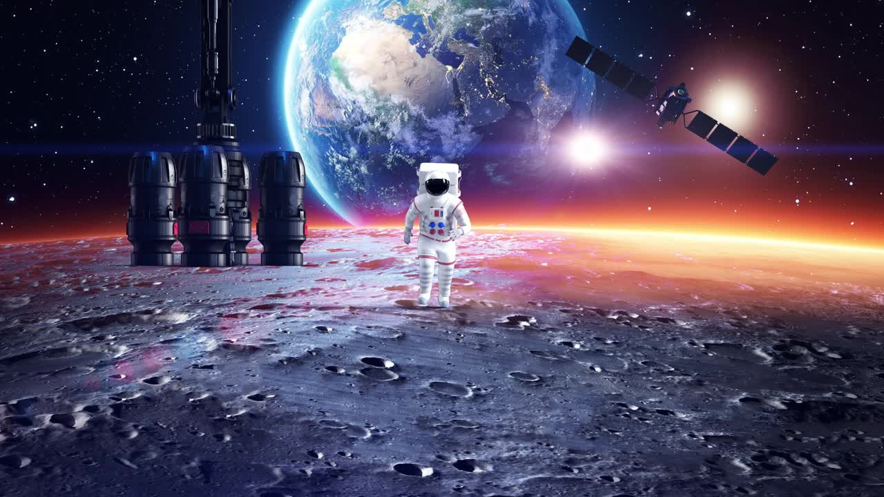 勇敢的宇航员在行星表面慢动作奔跑。视频素材