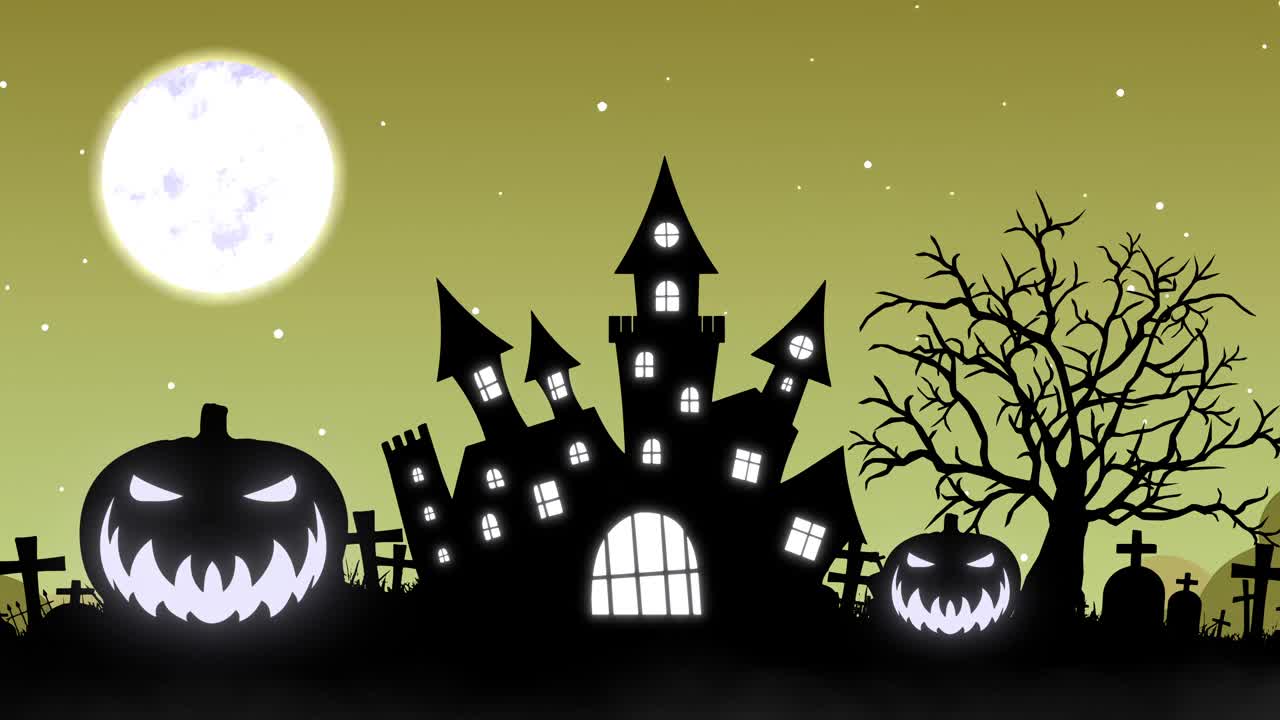 万圣节背景动画与鬼屋和月亮的概念视频素材