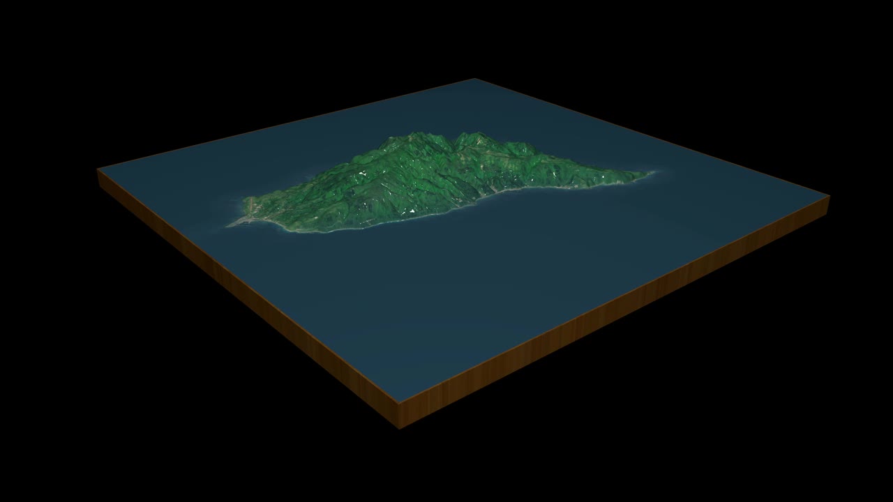 Okushiri岛地形地图3D渲染360度循环动画视频下载