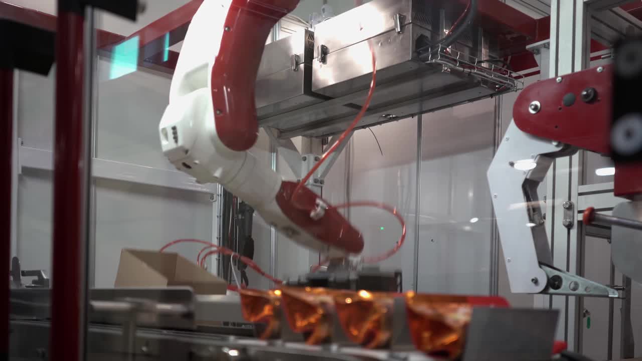 说明:现代机器人机械手在输送线上的食品生产视频下载