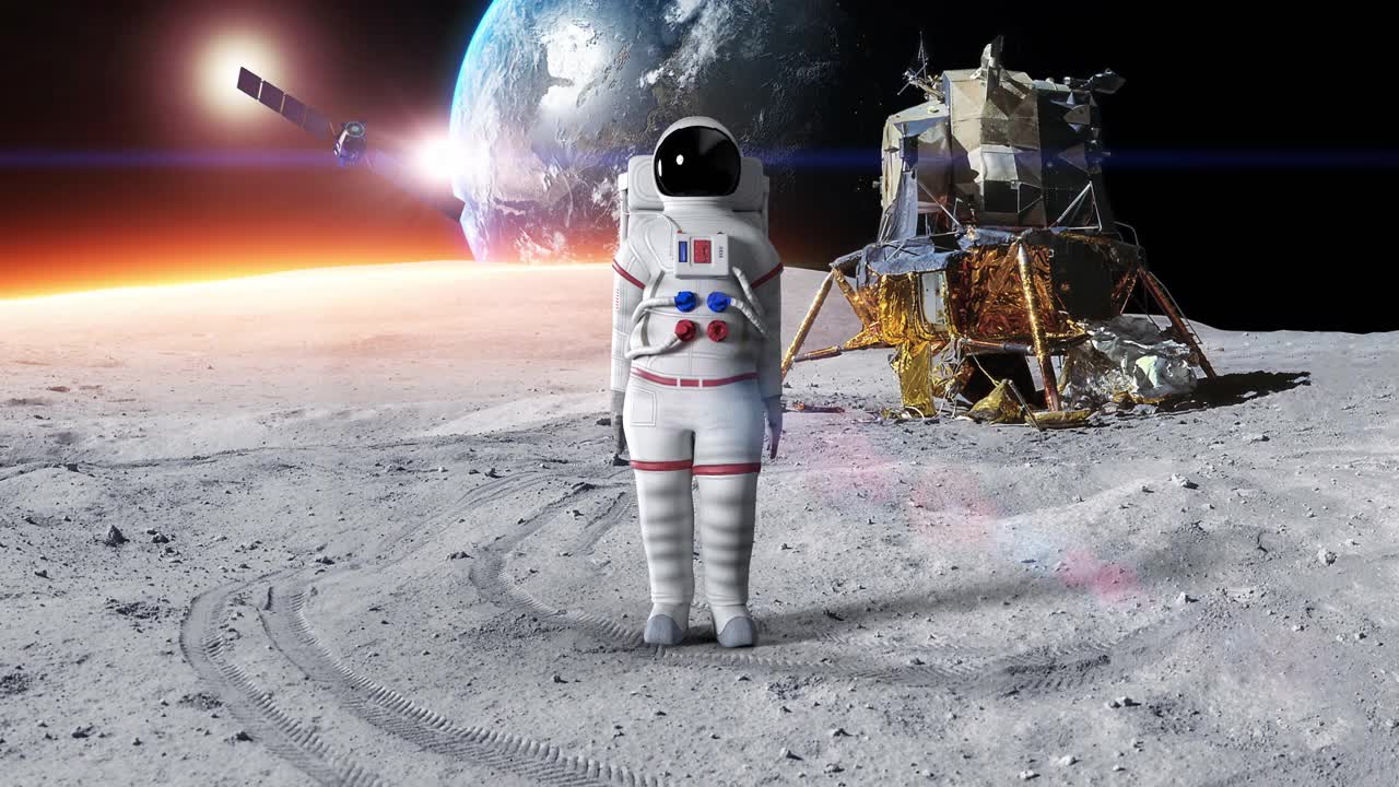 一个困惑的宇航员四处张望。背景地球。视频素材