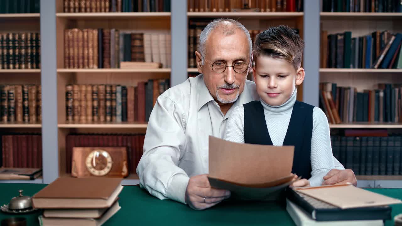 可爱的小学生和70多岁的爷爷在公共复古图书馆一起读信做作业视频下载