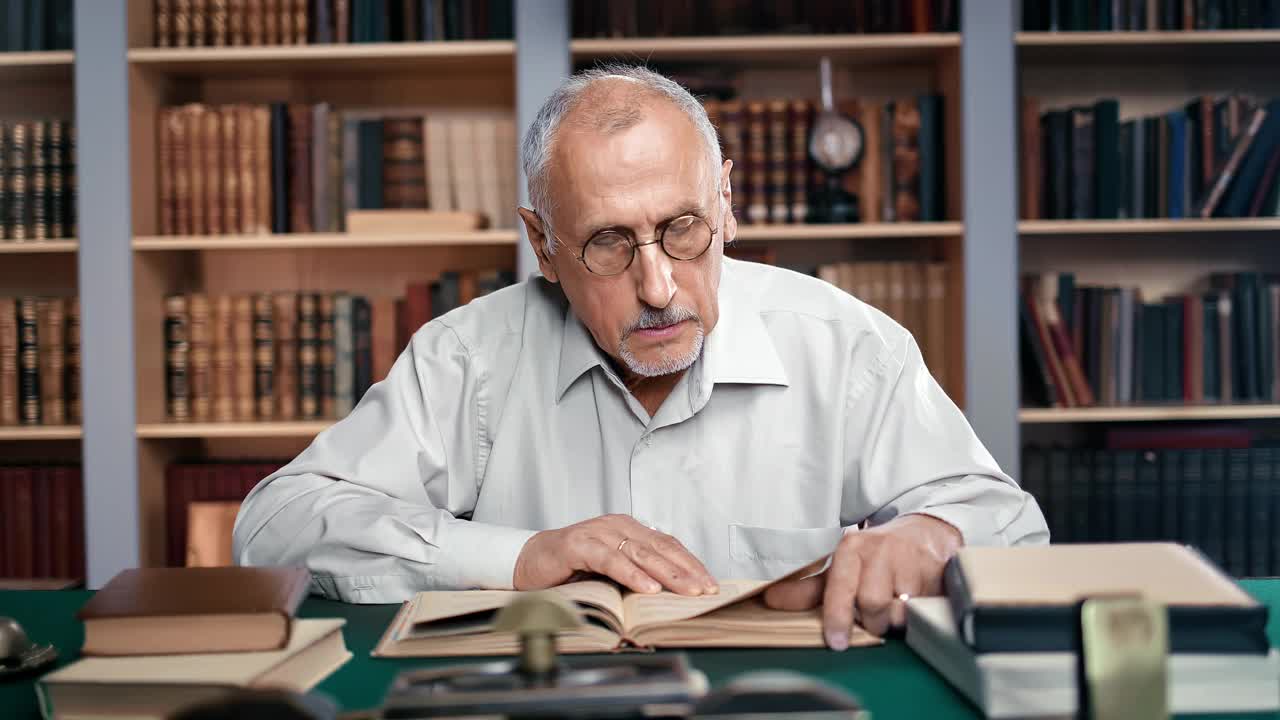 沉思的爷爷在公共图书馆阅读古籍，查找科学信息视频素材